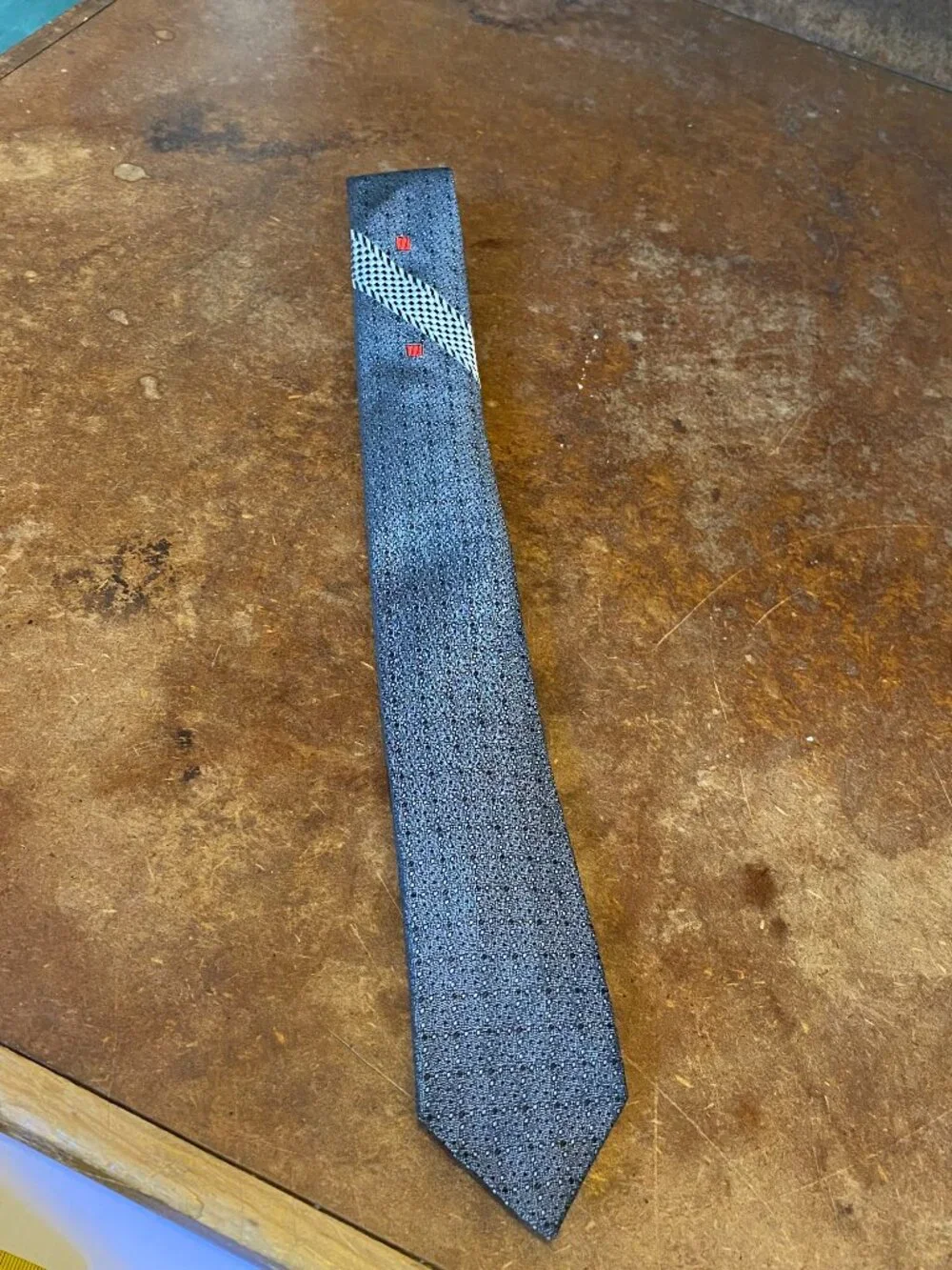 1950s Grey Black Slim Skinny Tie With Checkered Flag Vintage
